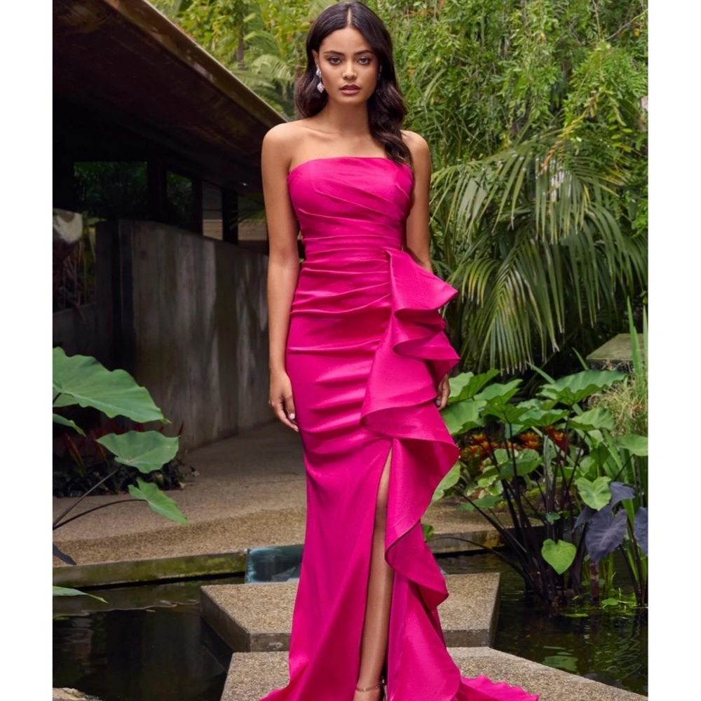 Ashley Lauren hot pink strapless ruffle formal dress